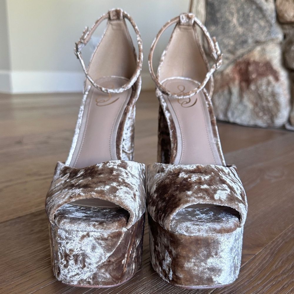 SAM EDELMAN Kori Platform Heel Velvet Prosecco Peep Toe Size 9 NEW - Picture 4 of 12